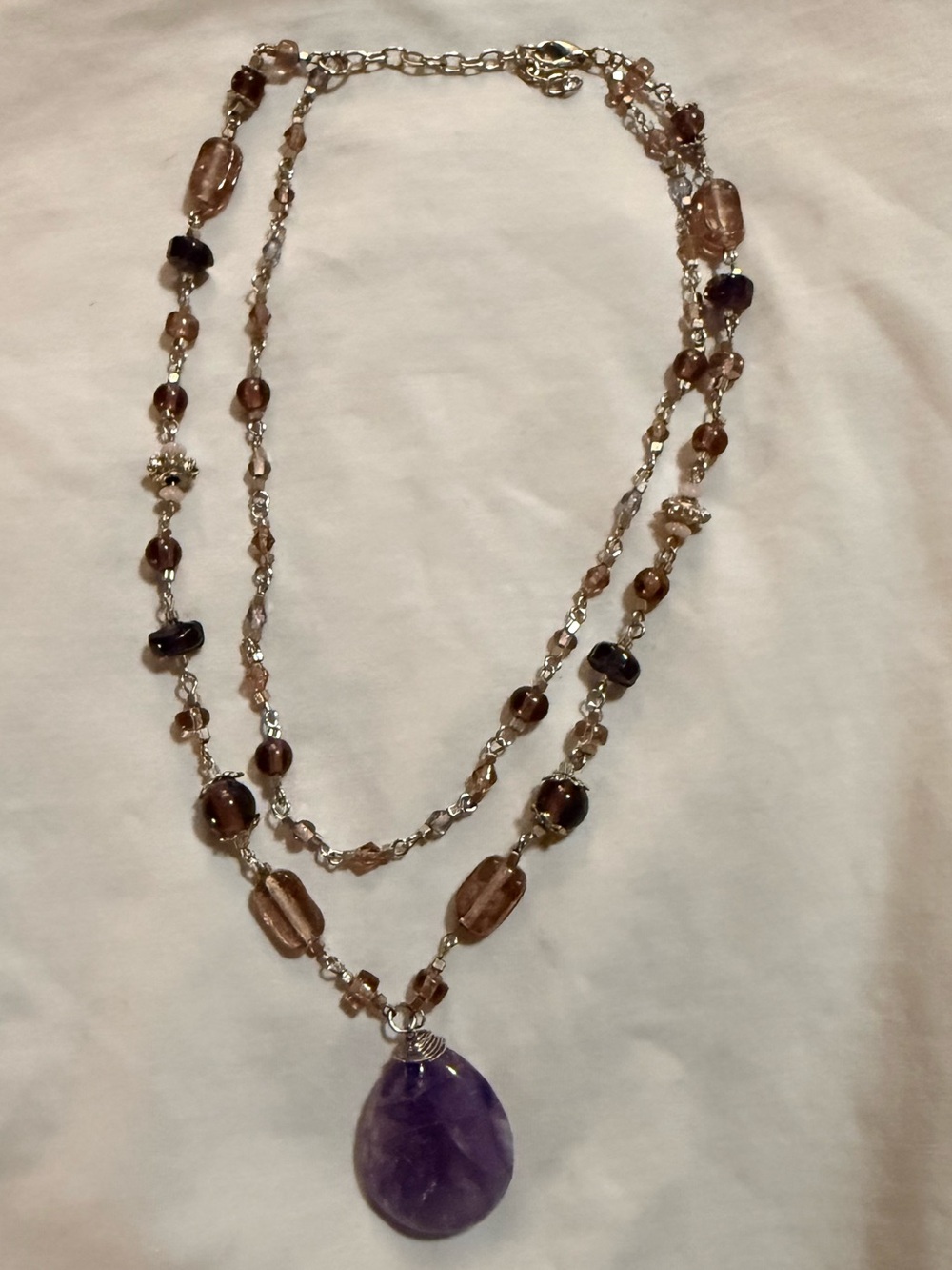 Purple Amethyst Teardrop Pendant Beaded Necklace, Adjustable Lobster Clasp